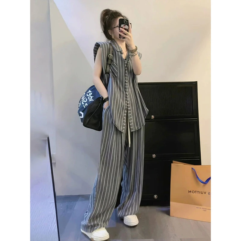2025春夏新款洋气复古港风条纹衬衫上衣阔腿裤套装气质显瘦两件套