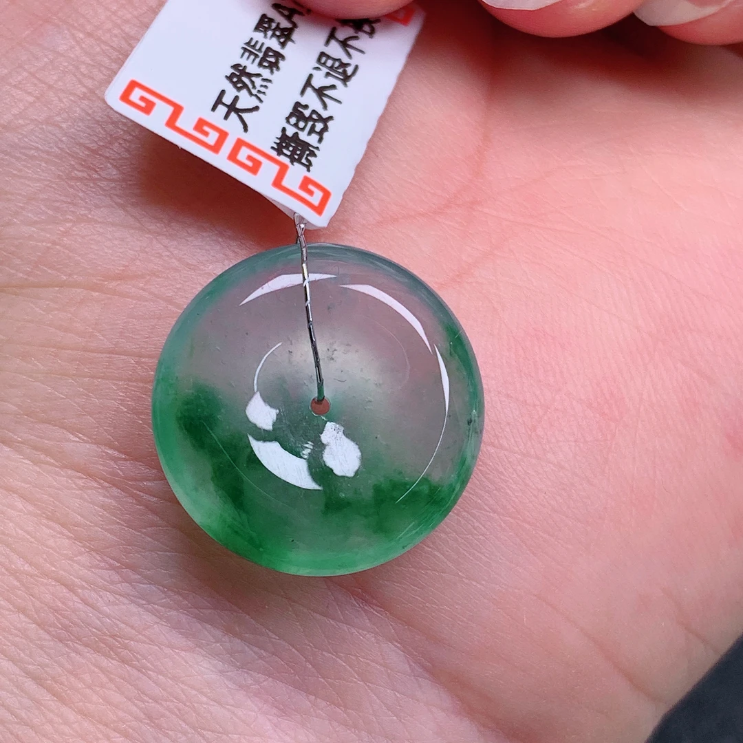 天然缅甸翡翠A货高冰飘花平安扣气质精美尺寸19*5.2 425