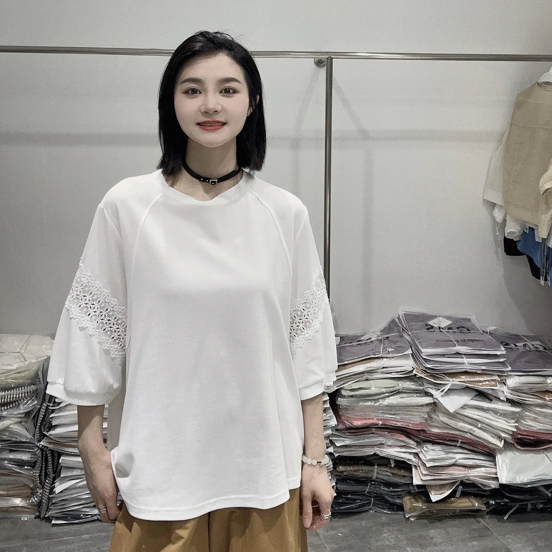 LMM 2551 重工刺绣蕾丝镂空中袖T恤女2025夏宽松百搭休闲圆领套头