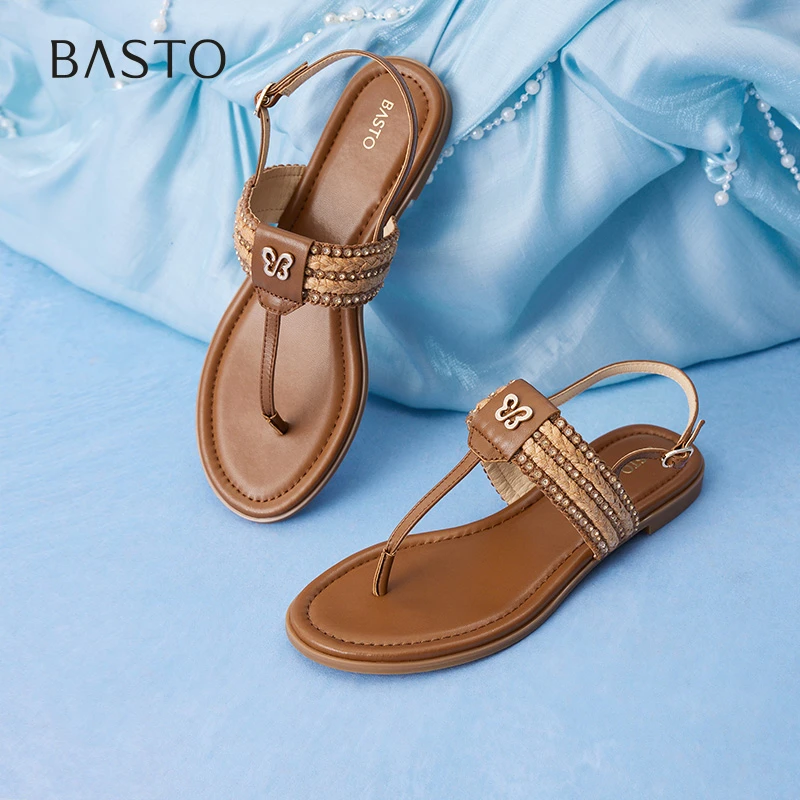 百思图2025夏季新款时尚复古户外休闲一字带夹趾女凉鞋C2107BL5