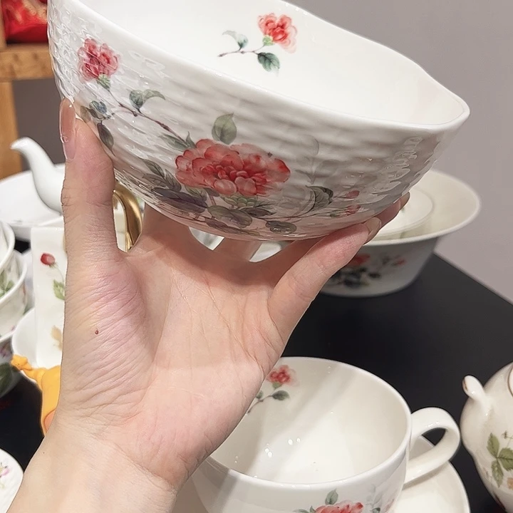 瓷片山茶花6寸面碗2个