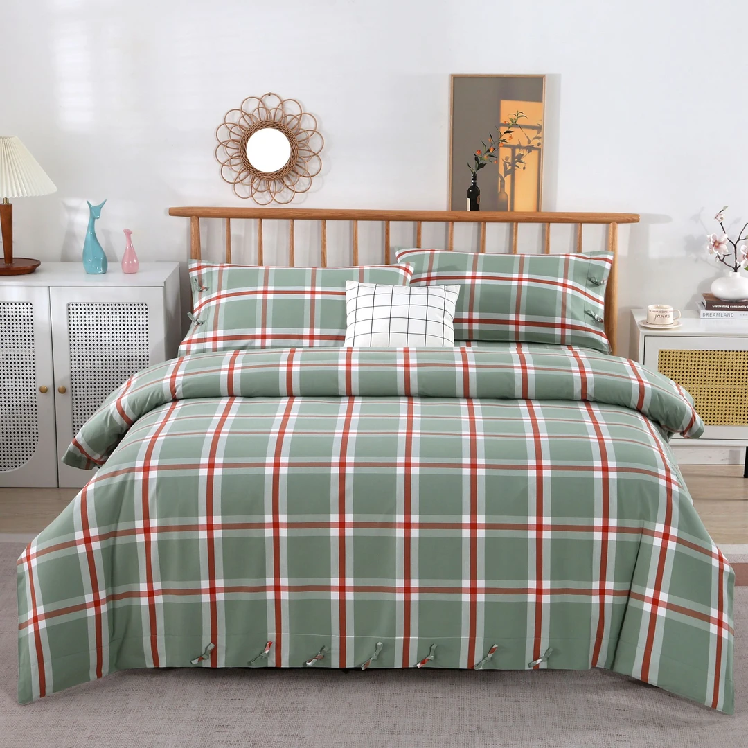 32精梳棉老粗布蝴蝶扣双拼格子款四件套亲肤吸汗透气不起球不掉色