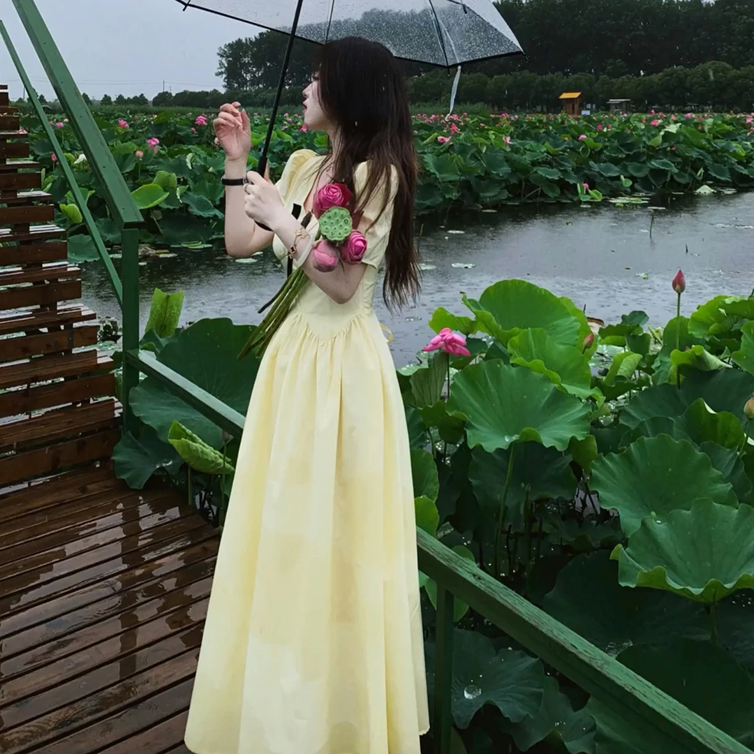 【现货+运贴5米】法式v领黄色连衣裙子女夏2025新款长裙4792