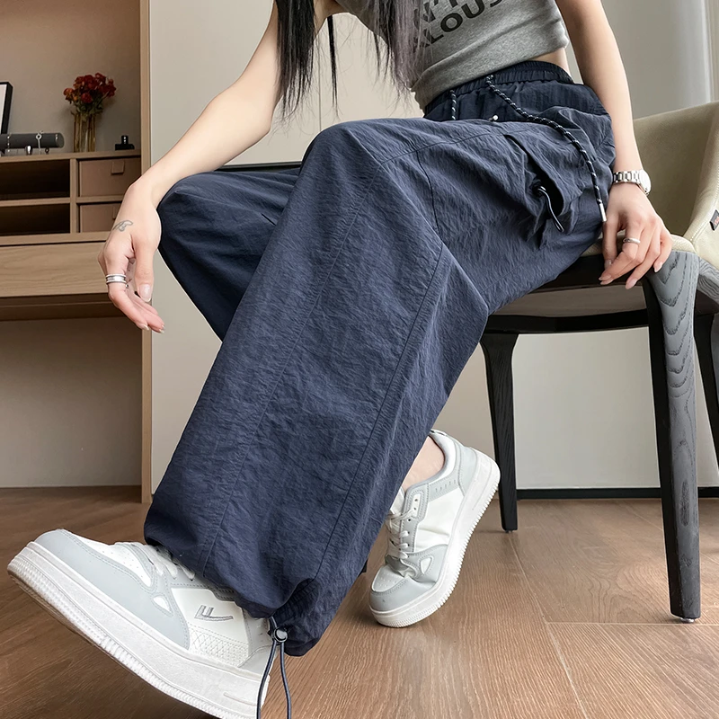 冰丝速干工装裤女夏季2025薄款高腰宽松伞兵裤两穿束脚阔腿裤