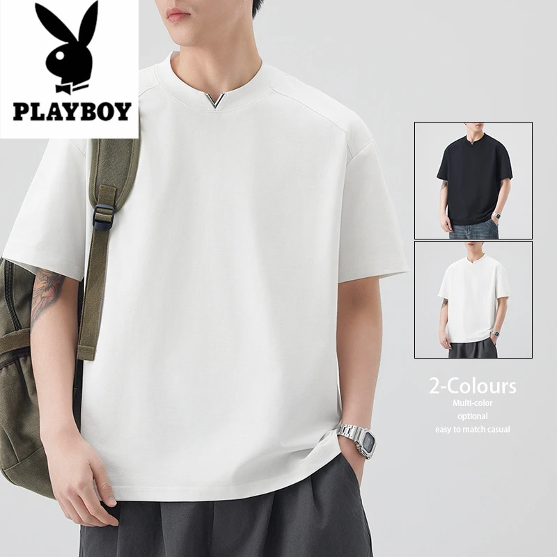 花花公子2025新款金属V领纯色半袖休闲打底衫港风百搭简约短袖男