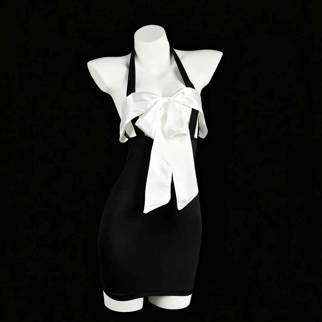 【姒悦Siyue】纯欲蝴蝶结丝带黑色挂脖包臀裙cos秘书套装