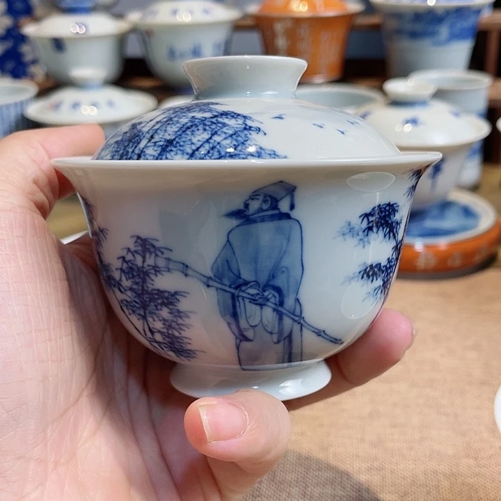 诗文定风波竹子人物盖碗