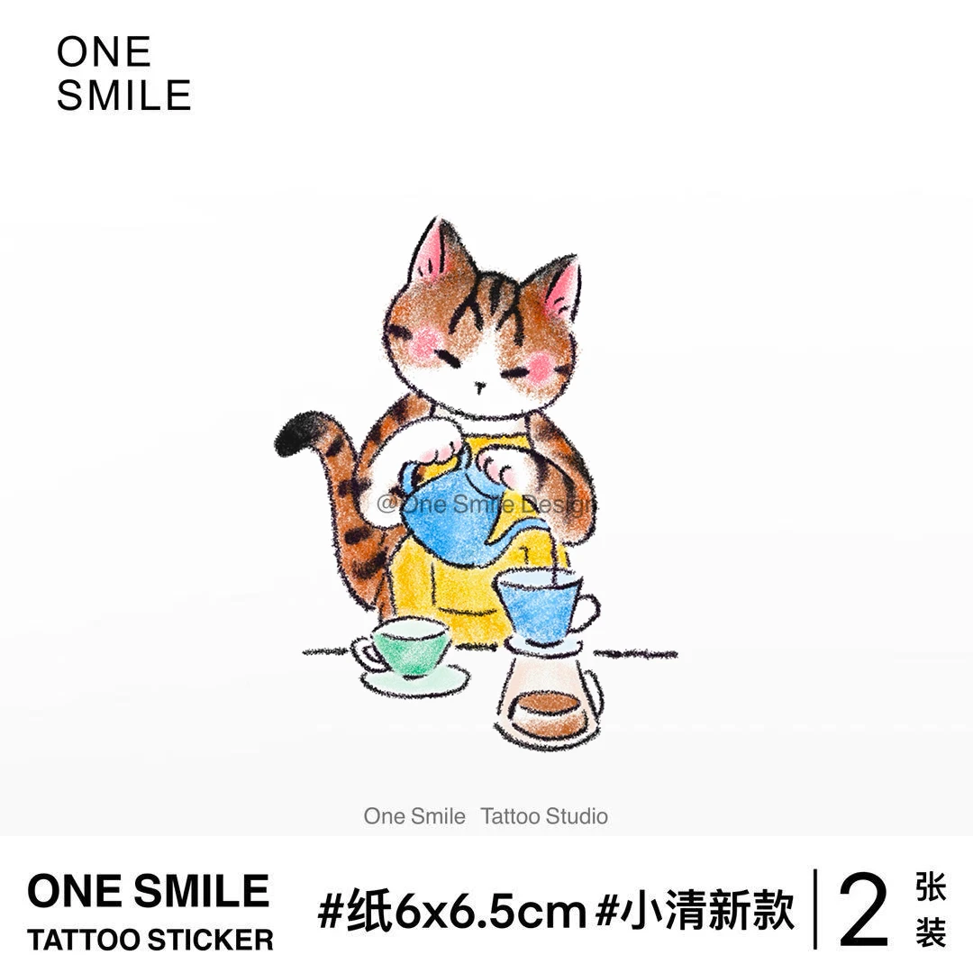 ONESMILE 猫咪咖啡师 可爱纹身贴彩色卡通手腕动物防水持久女儿童