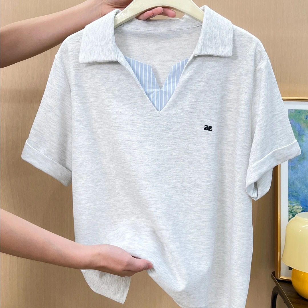 韩系翻领正肩短袖T恤女夏新款小众炸街高级感别致独特休闲小上衣