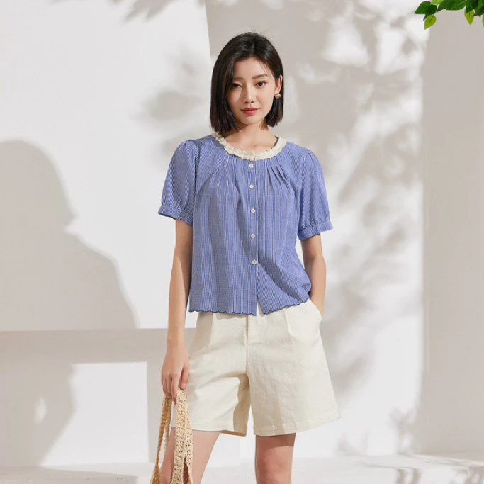 希茜9270 显瘦 春夏气质穿搭时尚百搭格子圆领女衬衫