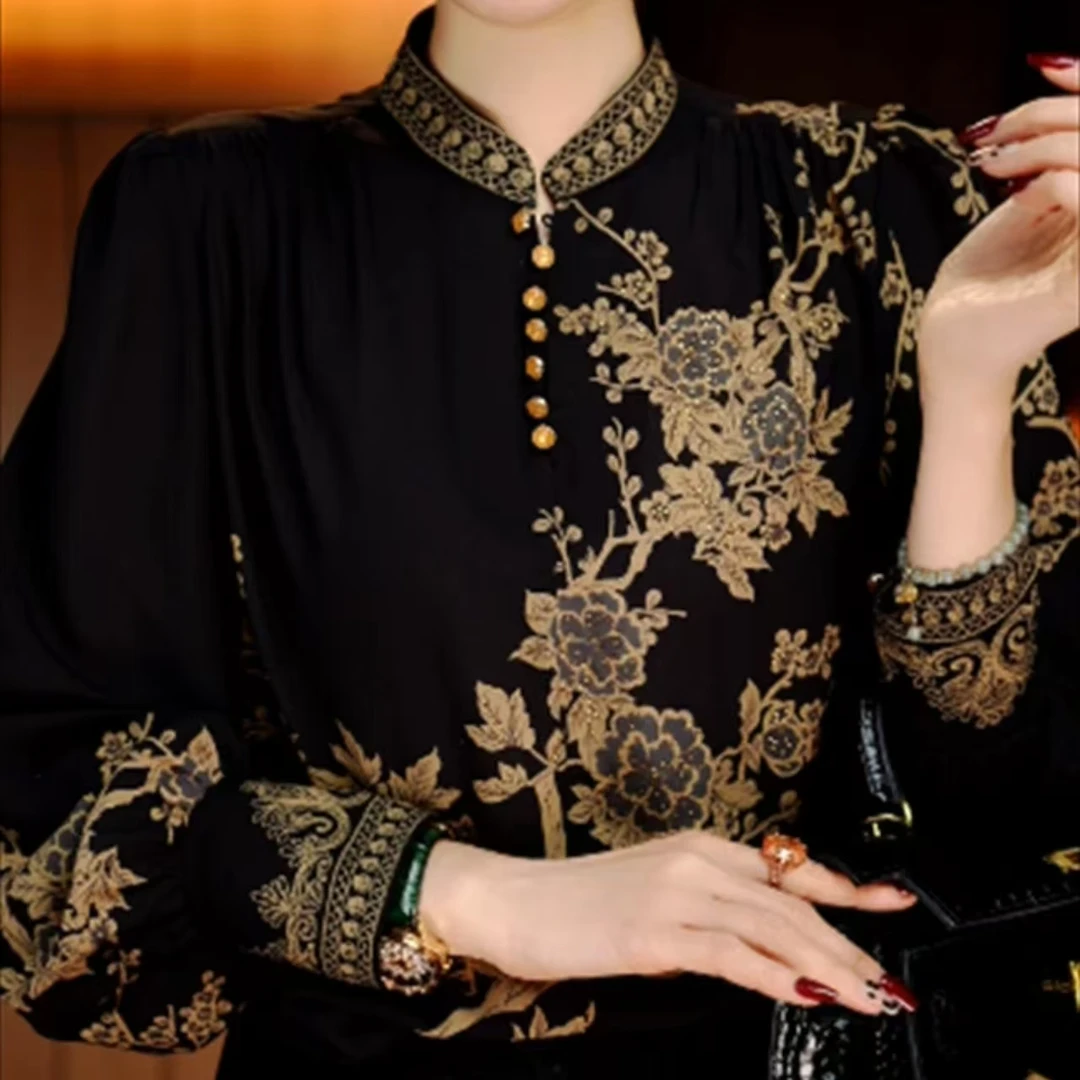 中国风不起球印花常规长袖印染修身气质秋冬秋季立领衬衫V24Z571