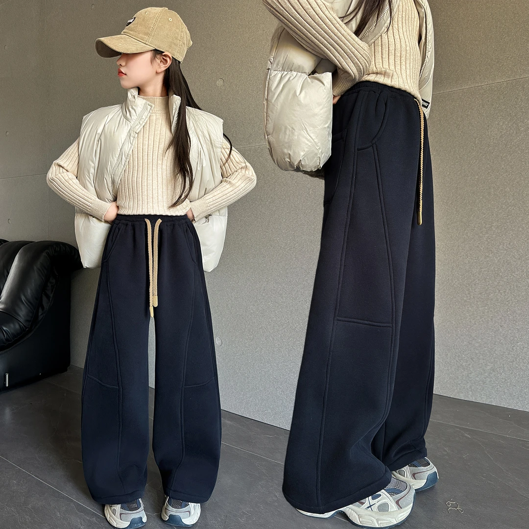 女童冬款加绒休闲裤中大童冬季新款加厚保暖宽松百搭运动休闲长裤