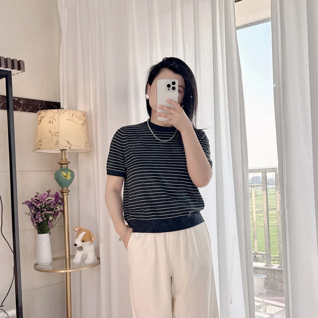 贝尔25319【扬子纱/极细美丽诺17.5微米】可机洗条纹夏季女士短袖