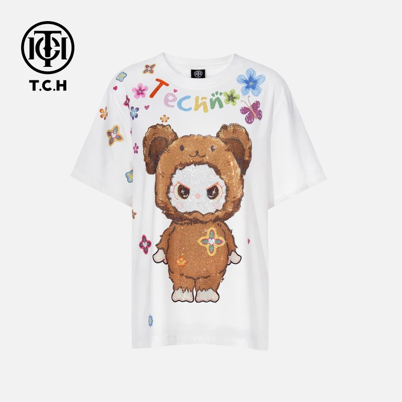 TCH轻奢烫钻工艺时尚卡通圆领t恤T75C10E9042私服tch
