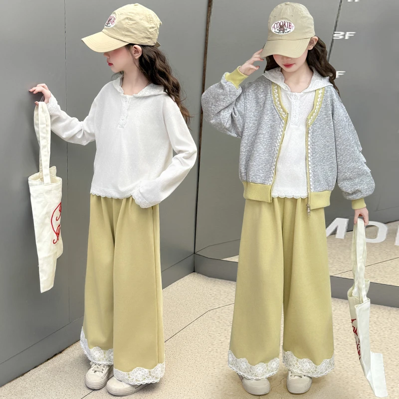 女童假两件卫衣阔腿裤套装2025新款春秋中大童外套蕾丝拼接两件套