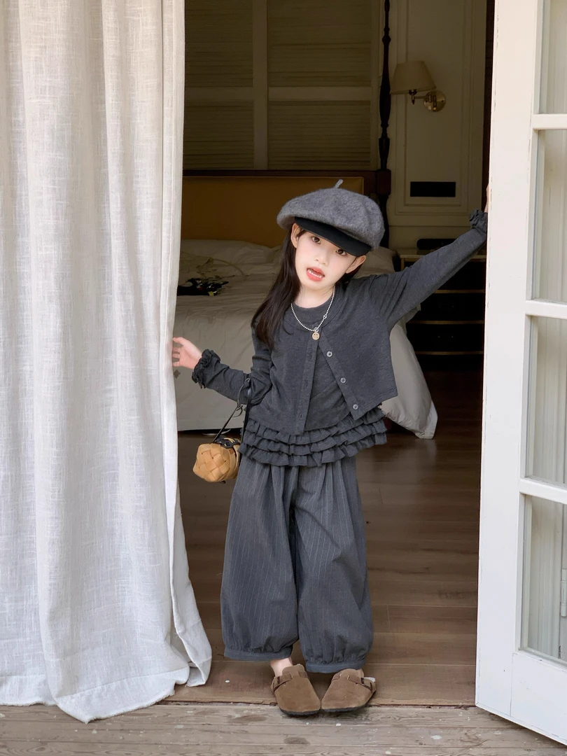 女童秋季套装2025新款洋气时尚假两件上衣高级感条纹裤儿童秋装