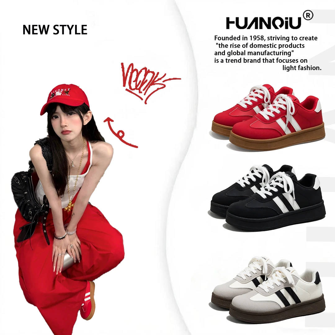 环球复古浅口透气红色厚底板鞋2025秋季ins低帮百搭运动休闲鞋女
