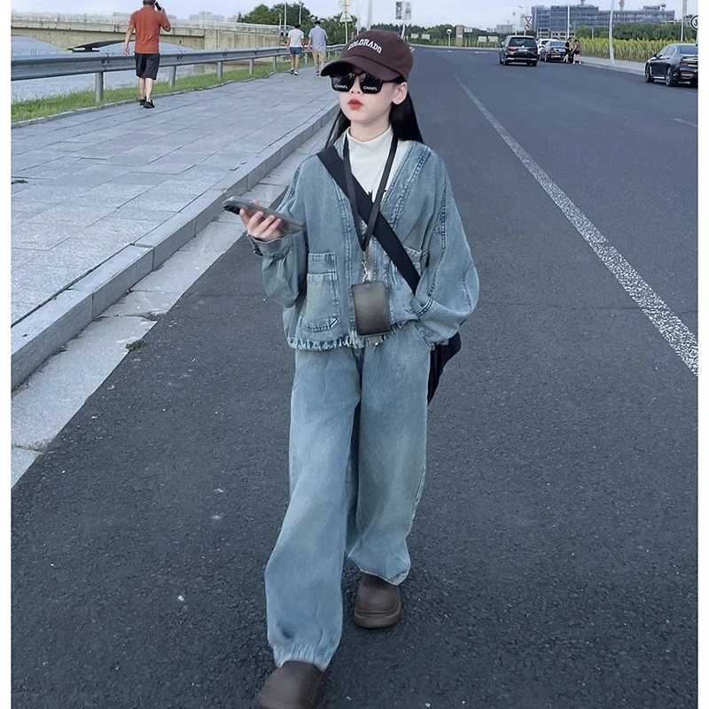 女童套装秋装2025新款儿童洋气韩版春秋款外套大童时髦牛仔两件套