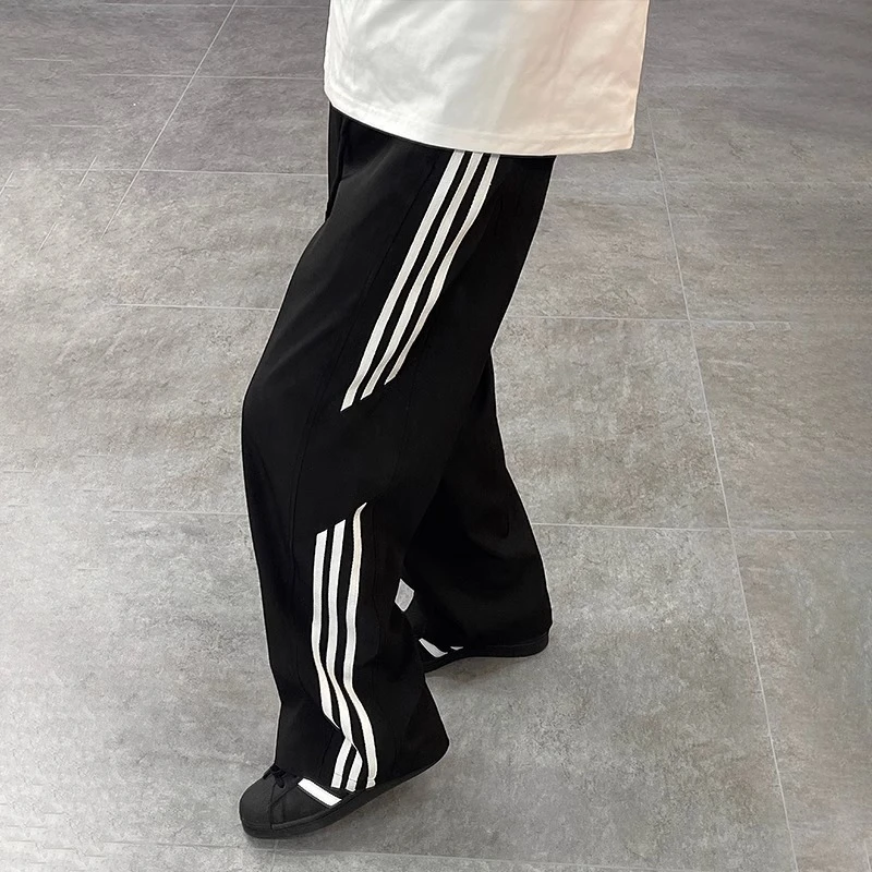 三条杠垂感裤子美式高街冰丝凉感条纹休闲裤女夏季薄款速干运动裤