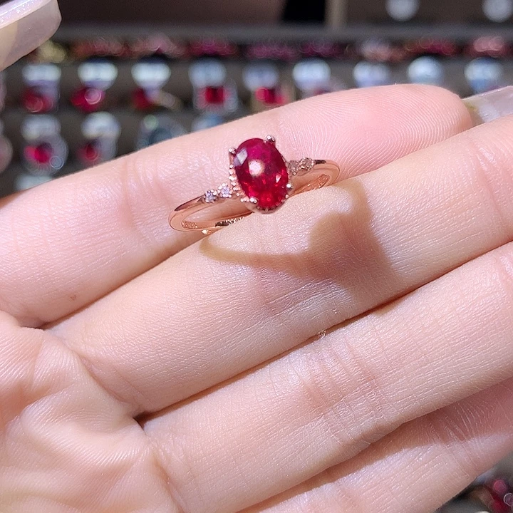 戒指银S925镶嵌红宝石酒红玫瑰金57