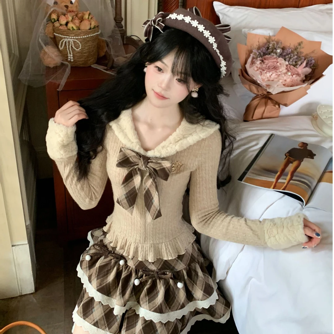 Blovelan摩卡甜心 乖巧甜美蝴蝶结减龄上衣+可爱格纹蓬蓬半裙