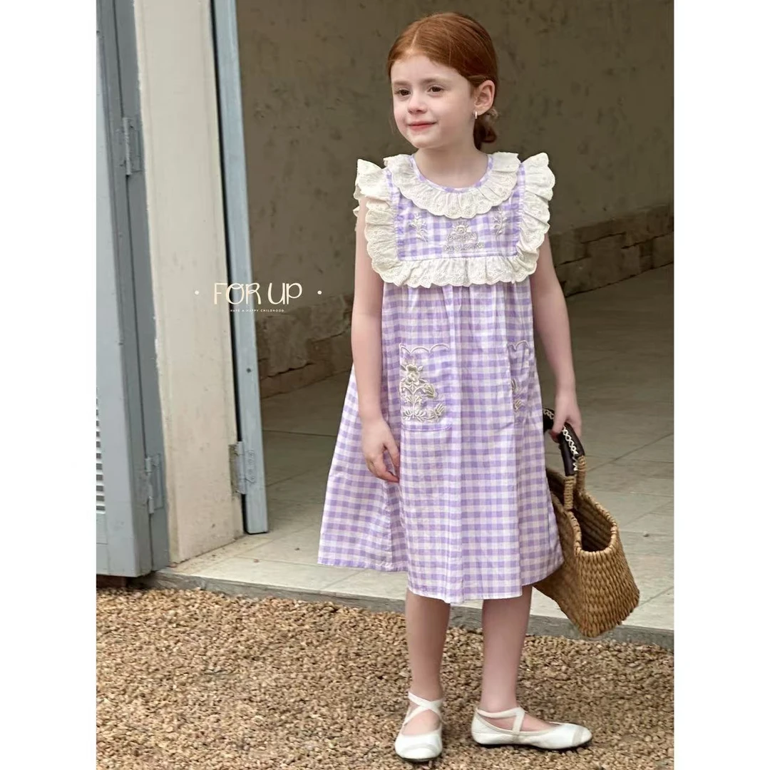 【现货】252-FU-85179多色[FOR UP]法式玛丽花束刺绣花边格纹连衣裙