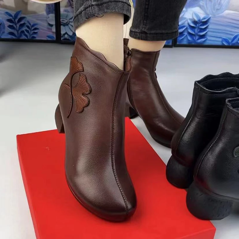 粗跟圆头侧拉链设计加绒保暖民族风秋冬季百搭复古英伦风印花短靴
