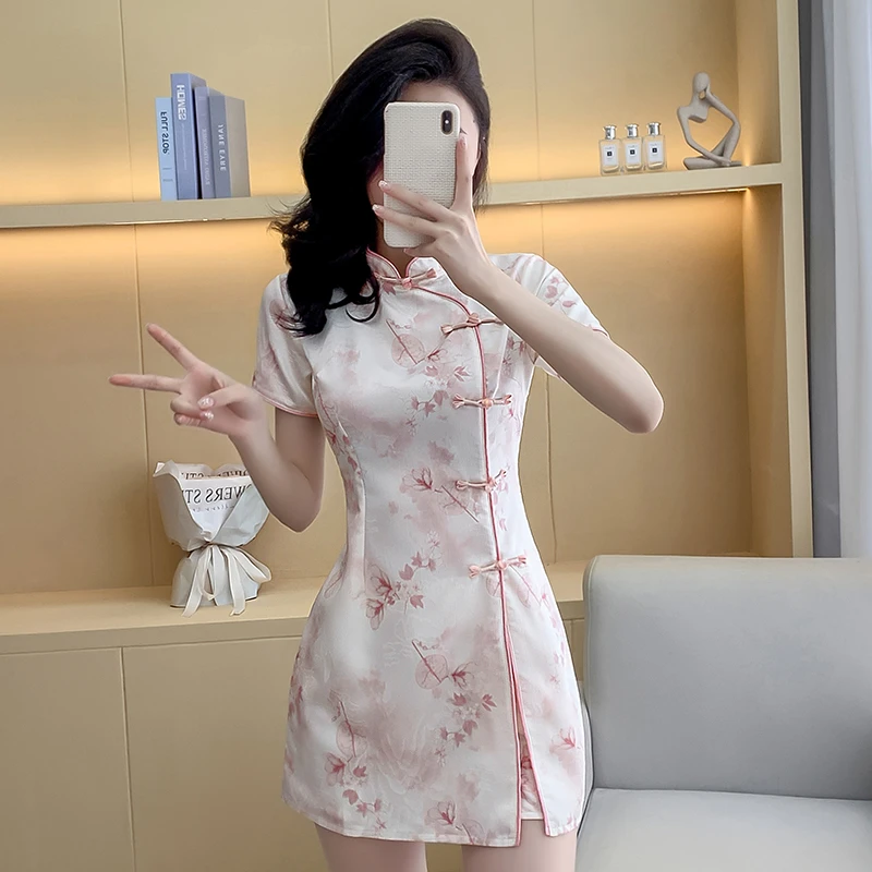 裙子短款短袖弹力改良旗袍新款温柔年轻款气质高端少女小个子套装