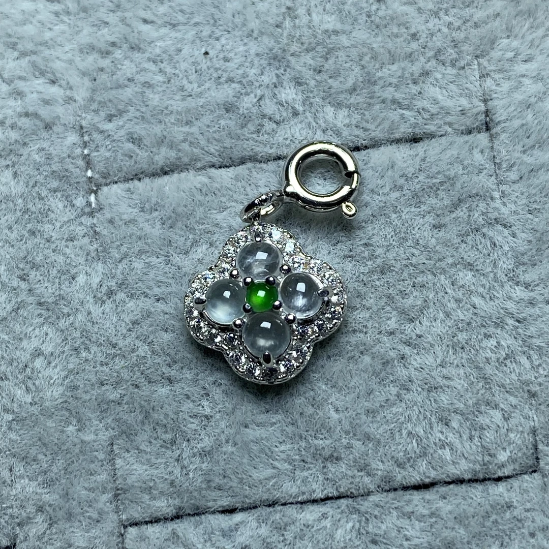 【边佳珠宝】缅料天然A货翡翠S925银镶高冰加绿四叶草款迷你小滴流