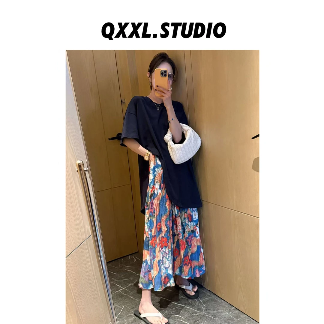 邱小小丽呀 夏季新款下摆不规则圆领T恤女小众设计感宽松显瘦上衣