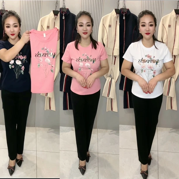 短袖轻职风印花圆领短款通勤T恤