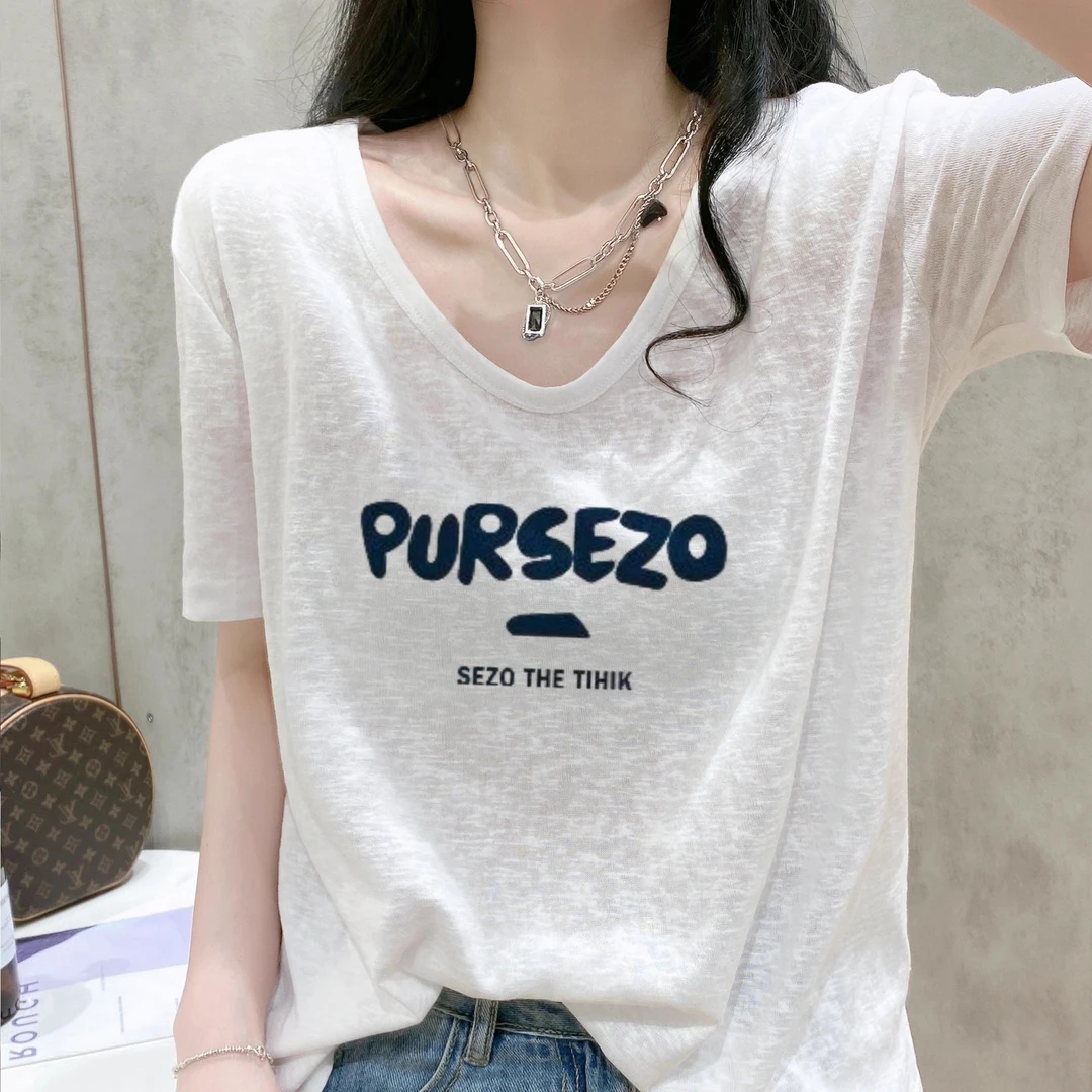 雪花棉短袖T恤女2025年夏季新款V领宽松大码高级感正肩胖mm上衣潮