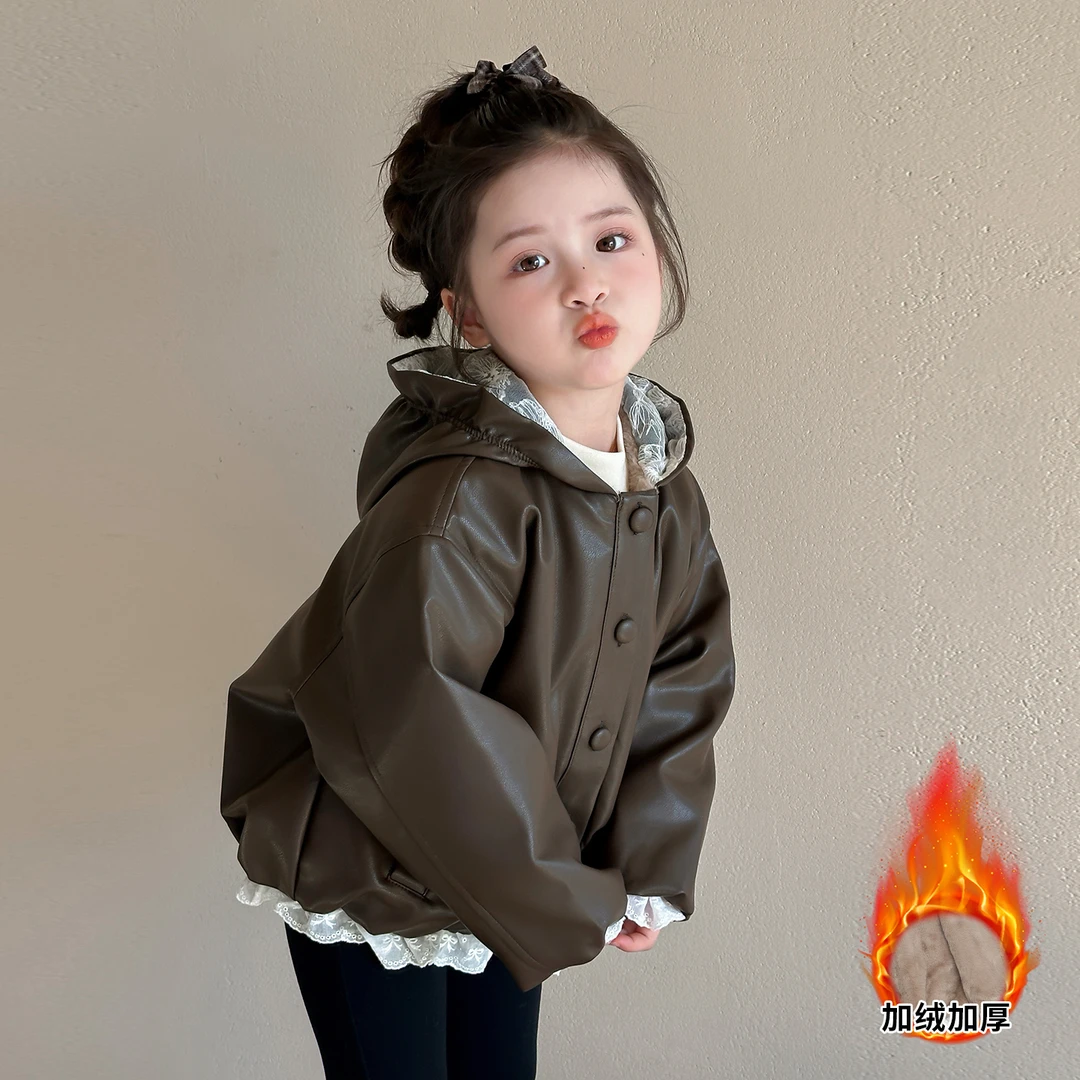 女童冬款外套2025年韩版公主风花边款夹克女宝宝时髦潮款加绒皮衣