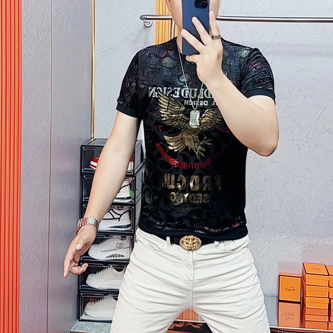 阿伟家男士夏季新款百搭潮流老鹰修身网纱短袖时尚上衣网红T恤潮