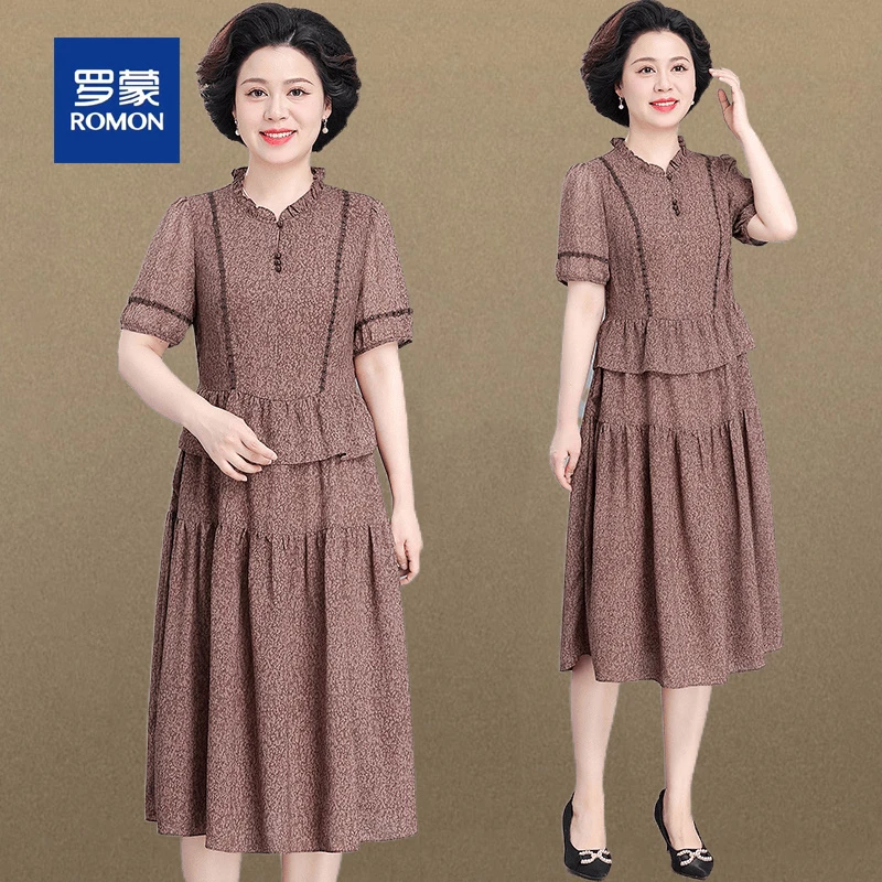 罗蒙时尚夏季短袖显瘦简约假两件连衣裙2025新款气质妈妈高档裙子