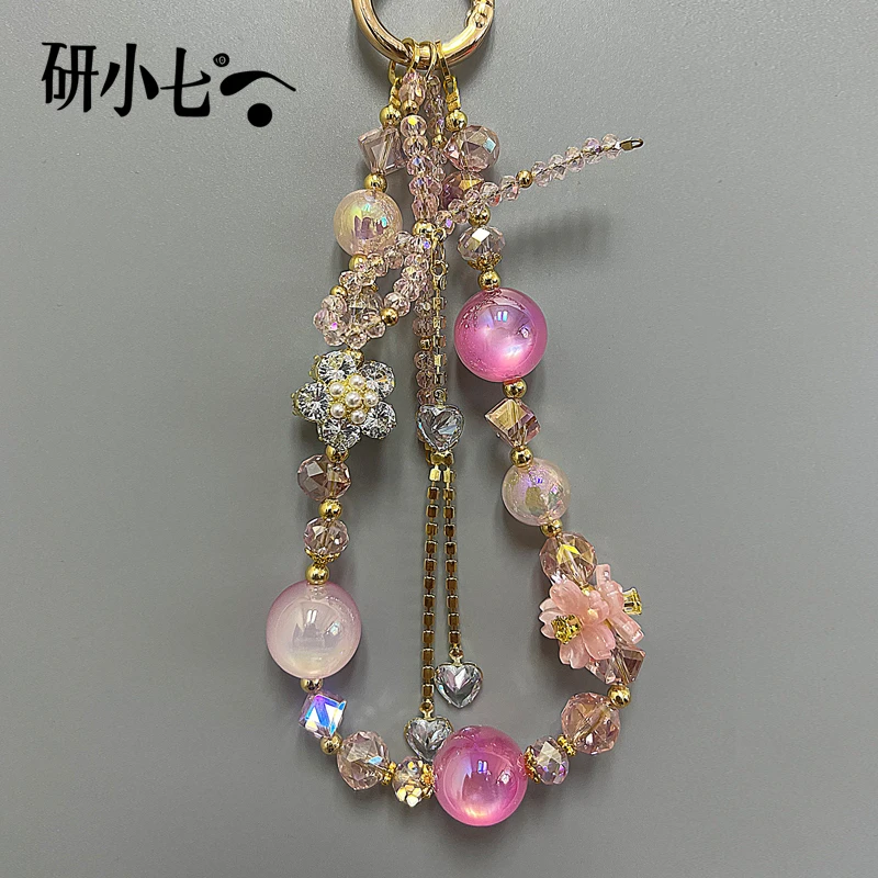 研小七粉色水晶串珠新款蝴蝶结挂绳diy挂件手机链条女款防丢C124