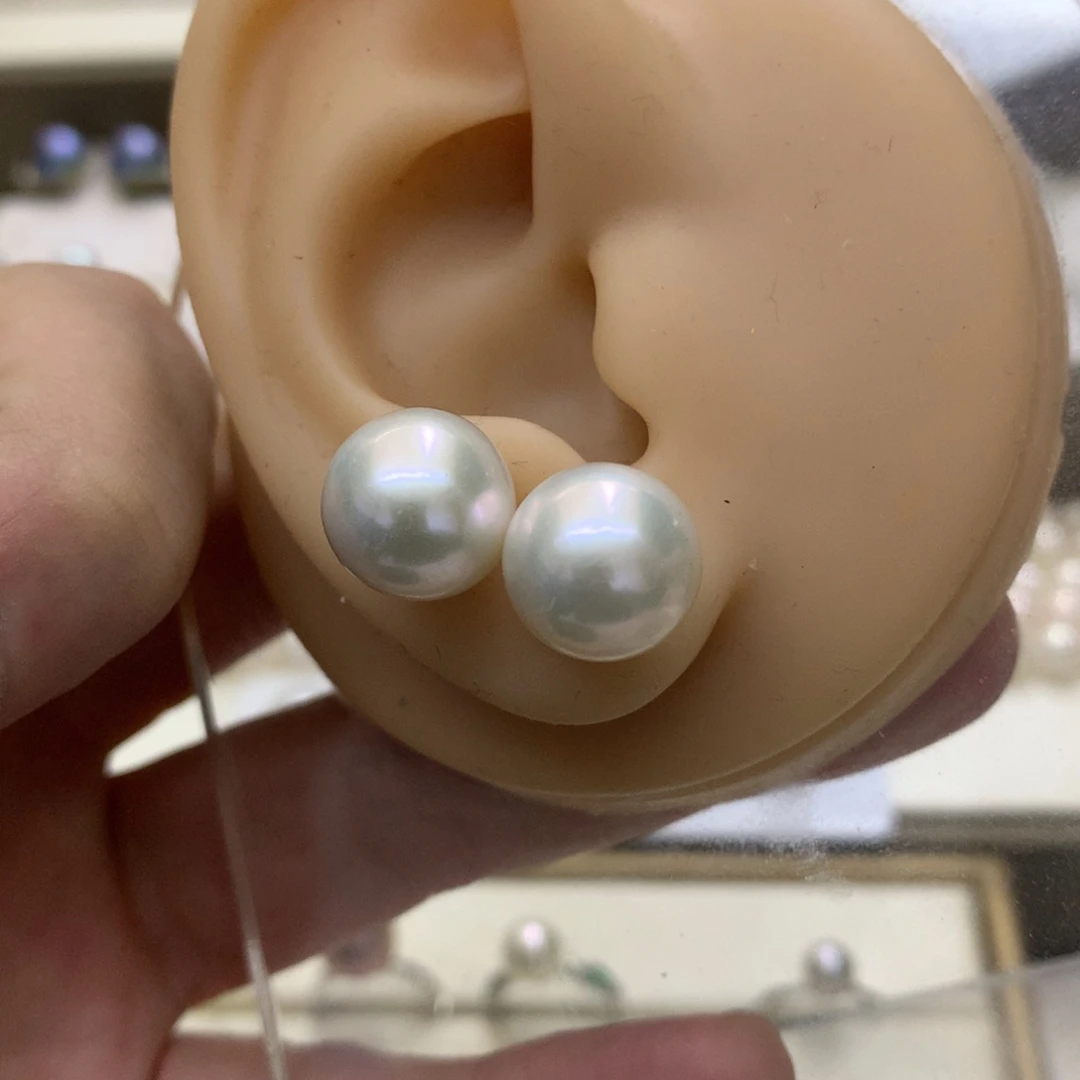 银S925镶嵌耳饰淡水珍珠11-12爱迪生素钉