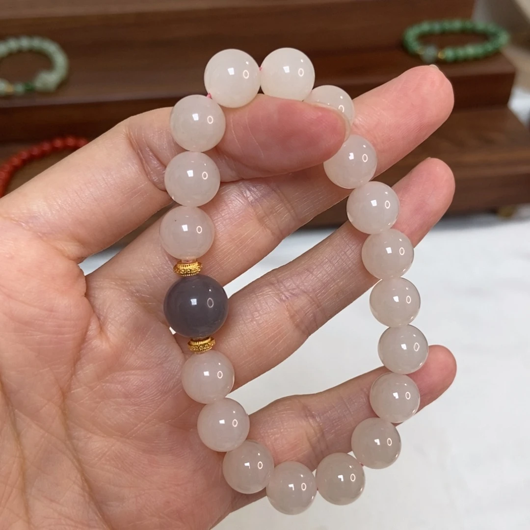 和田玉银S925镶嵌手链福利10mm藕粉