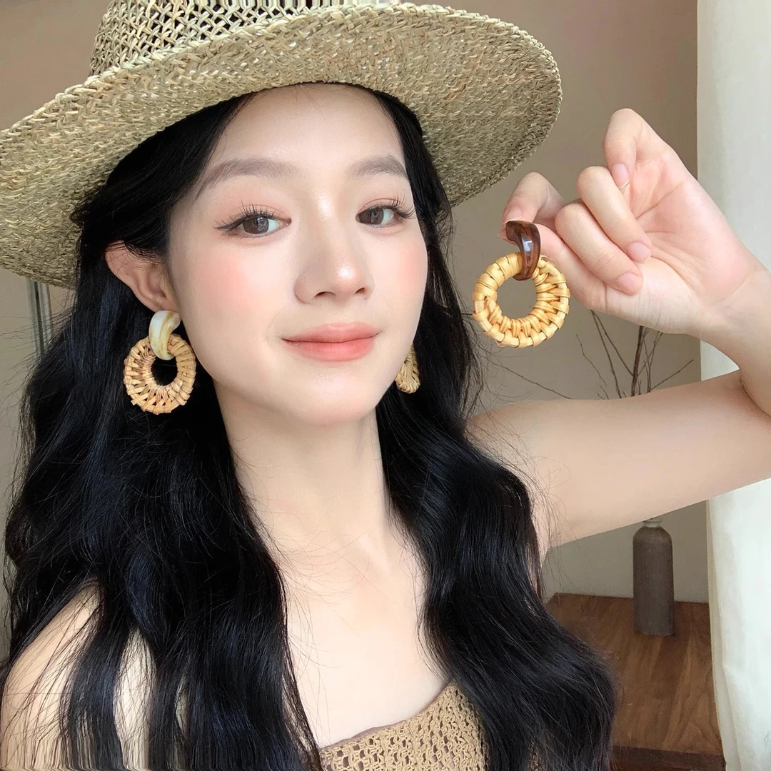 夏季旅游超出片竹藤草编耳环女波西米亚度假风气质夸张耳钉耳饰品