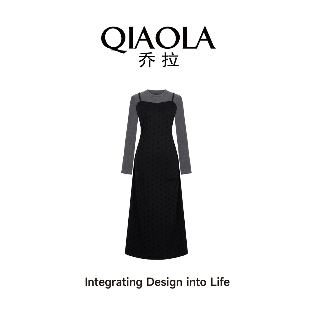 QIAOLA/乔拉【蝴蝶暗语】春季新款假两件针织轻奢气质连衣裙预售
