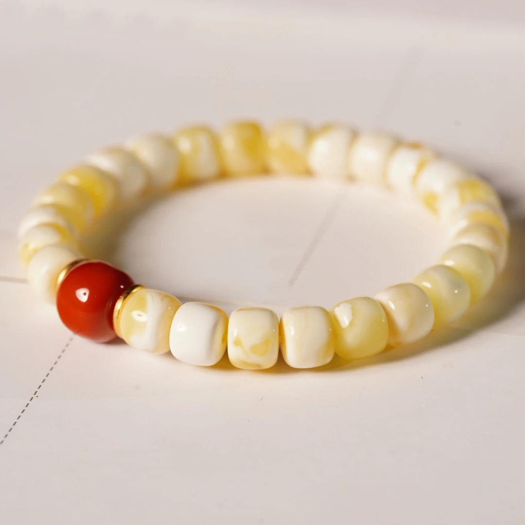 蜜蜡精美老型手串配南红单珠时尚单圈女款百搭女士简约素圈气质