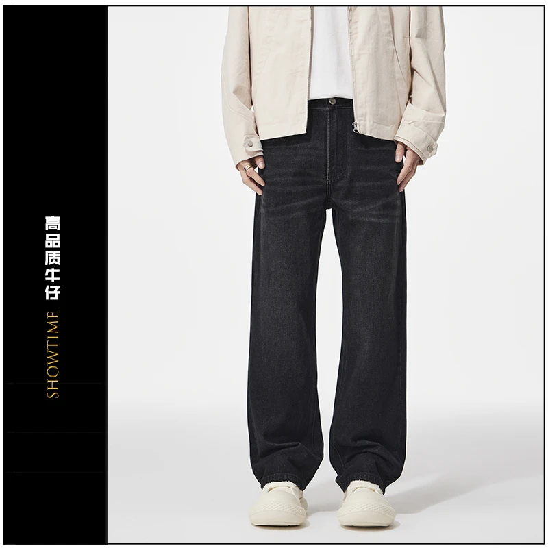 【LR08宽松阔腿】高端面料黑色牛仔裤立体猫须男士秋装长裤子新款潮