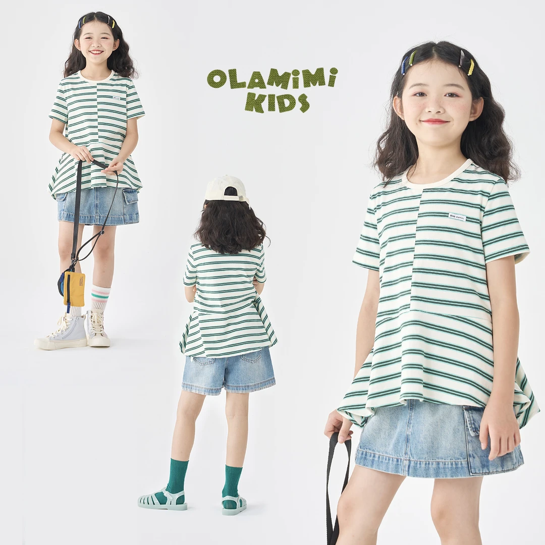 0LAMIMI定制 2025夏 亲子女童纯棉轻薄设计感错拼条纹裙摆短袖T恤