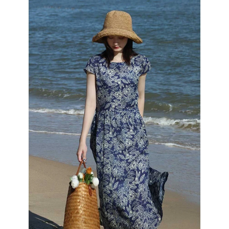 蓝色碎花棉麻连衣裙夏季新款显瘦慵懒风中长款日韩个性街头