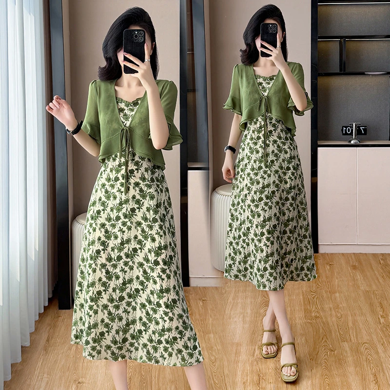 2025夏季新款雪纺假两件雪纺印花拼接显瘦长款连衣裙