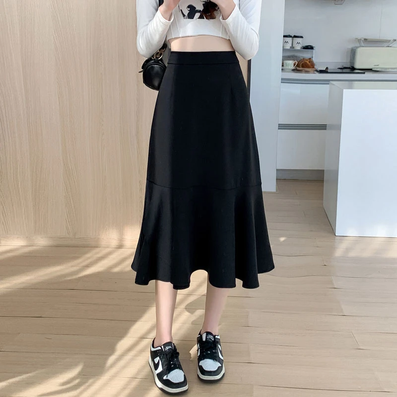 大码女装春秋新款西装鱼尾半身裙中长款胖mm松紧腰洋气百搭A字裙