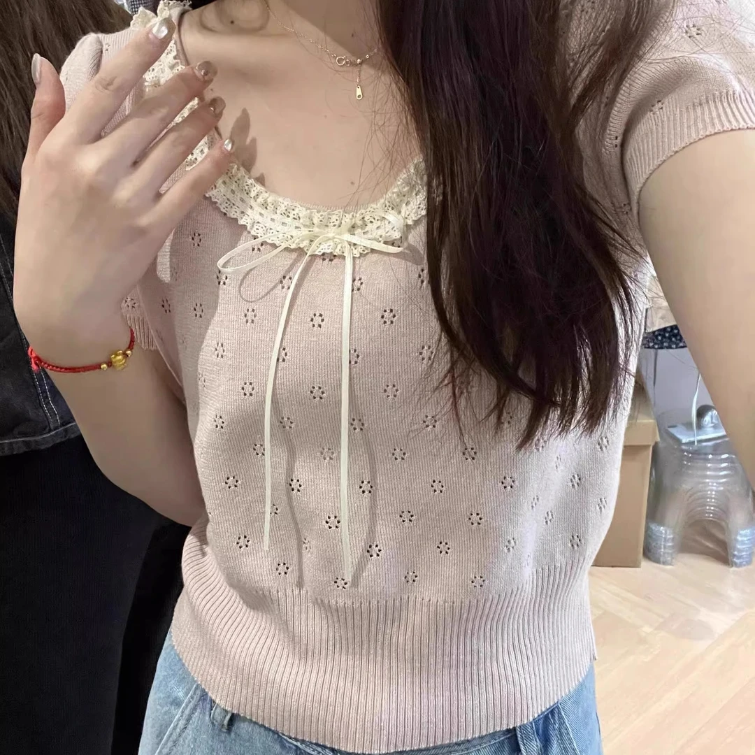 miu系蕾丝短袖镂空蝴蝶结t恤女装夏季甜美修身打底衫内搭短款上衣