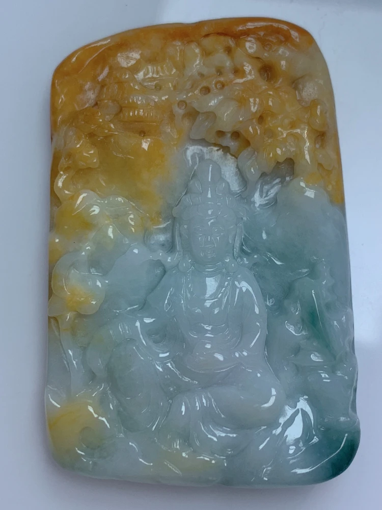 翡翠双彩山水观音吊坠