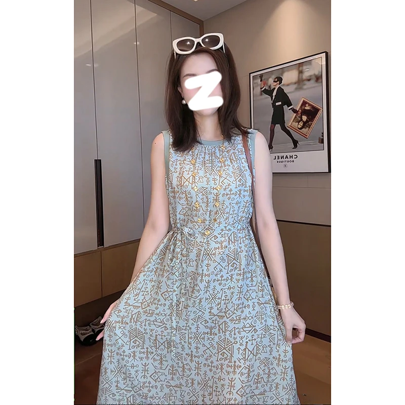 高端欧货无袖印花连衣裙女夏季2025新款超火巨好看遮肉显瘦长裙子