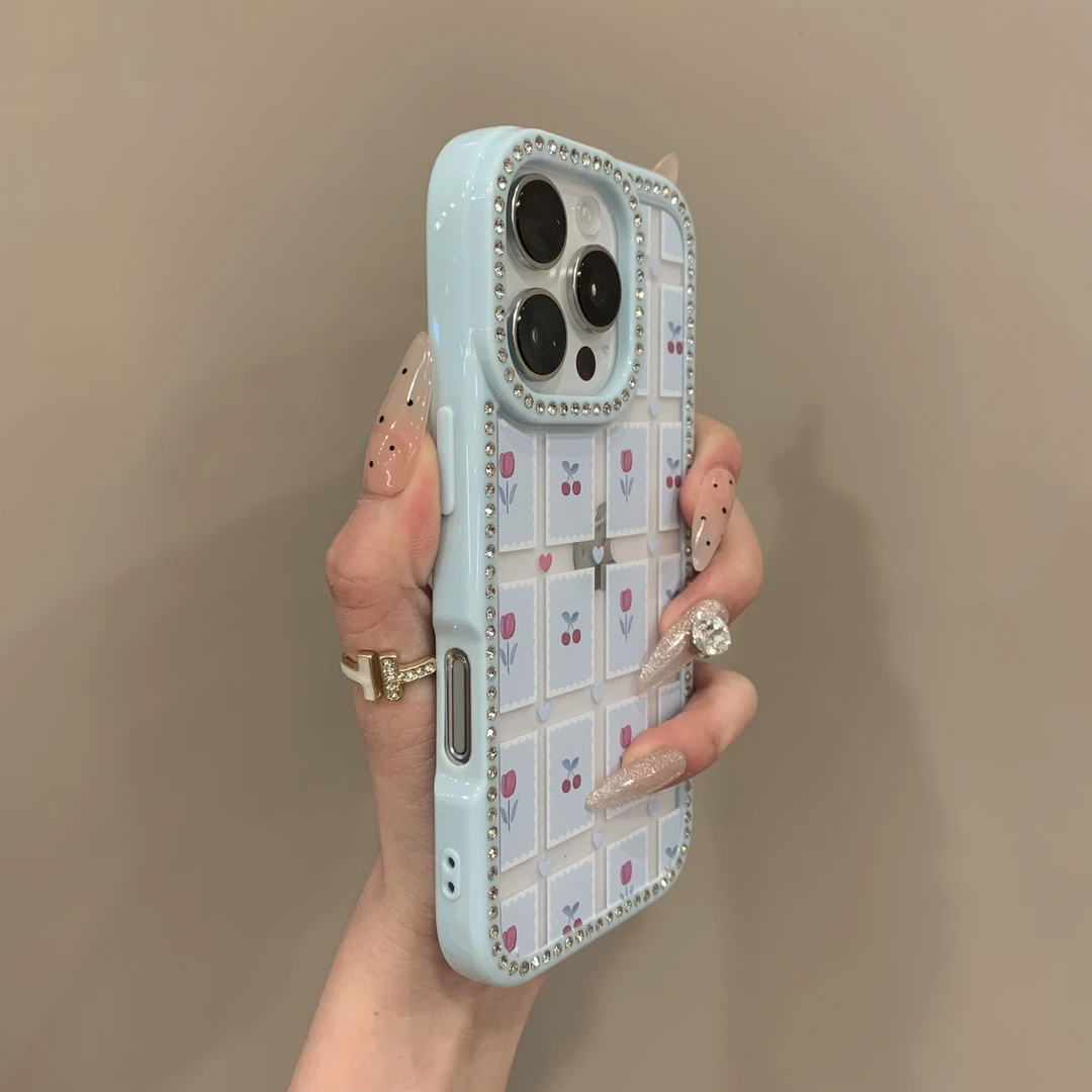 ins创意碎花樱桃适用于ihone16pro苹果15手机壳14新款13镶钻框